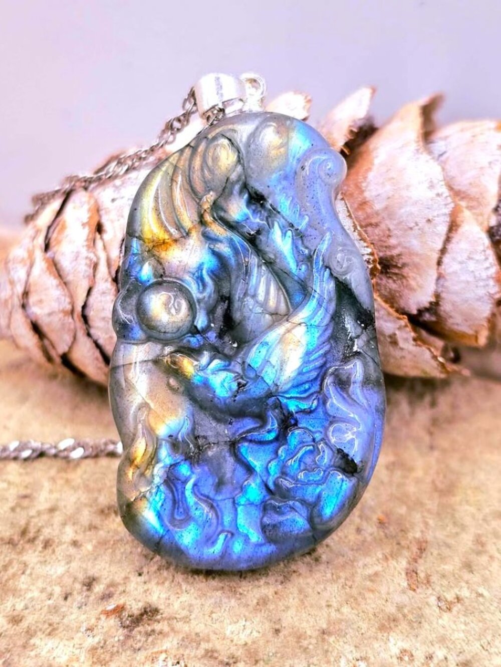Natural Labradorite Phoenix Pendant Necklace • Strong Flash Carved Phoenix